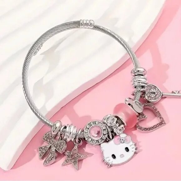 Hello Kitty Jewelry - Hello Kitty Charm Bracelet Adjustable Bangle with Dangle Charms Pink & Silver